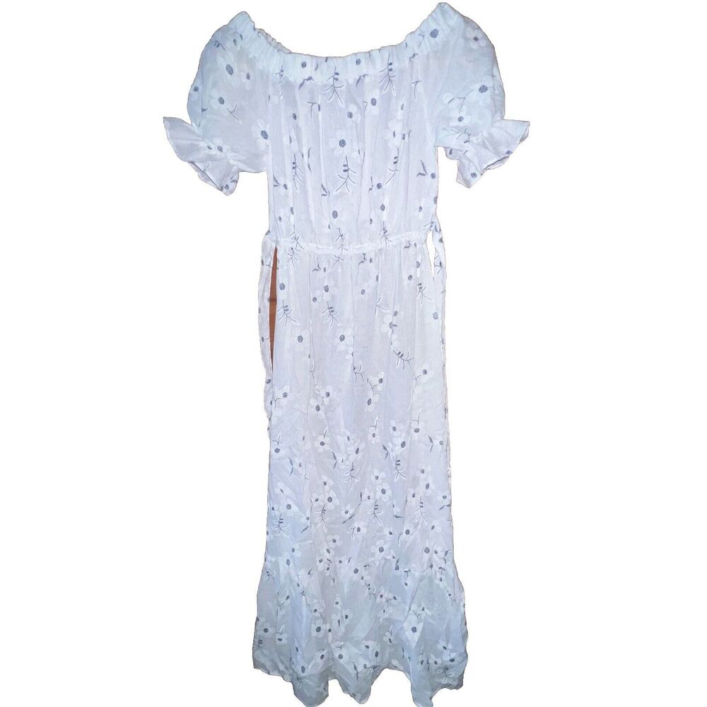 White With Blue Floral Pattern Long Light Dress Small